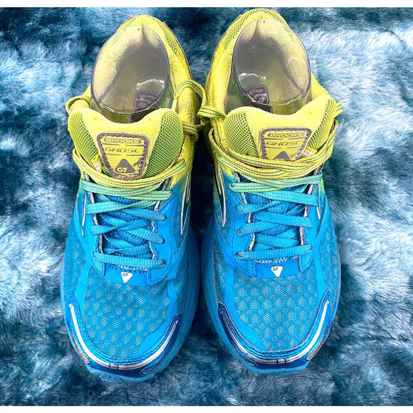 Brooks Ghost 7 Running Shoes  Low Top Blue Neon Yellow Women 8 - Picture 1 of 15